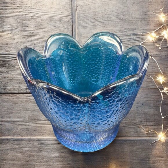 VIKING glass CHARCOAL BLUE Pebble Texture Votive Cup Small Bowl With Sticker VTG - Picture 1 of 12